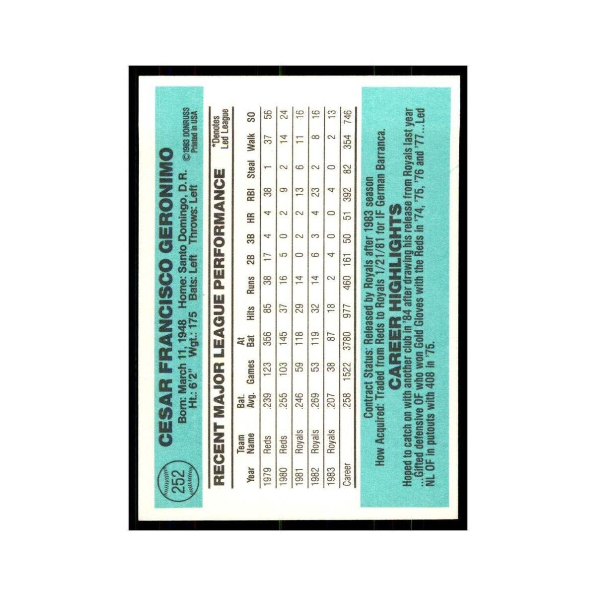 Cesar Geronimo 1984 Donruss #252 Kansas City Royals Baseball Card NM