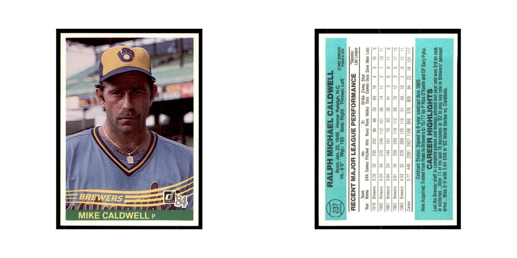 Mike Caldwell 1984 Donruss #237 Milwaukee Brewers Baseball Card NM