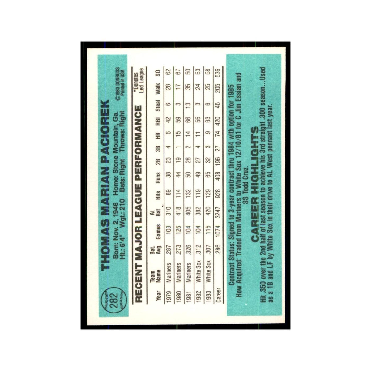 Tom Paciorek 1984 Donruss #282 Chicago White Sox Baseball Card NM