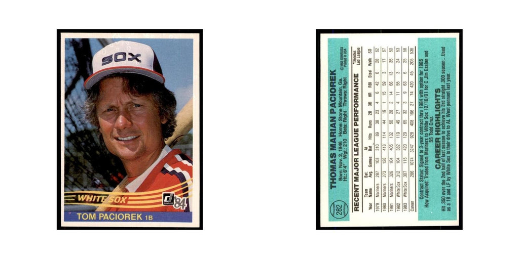 Tom Paciorek 1984 Donruss #282 Chicago White Sox Baseball Card NM