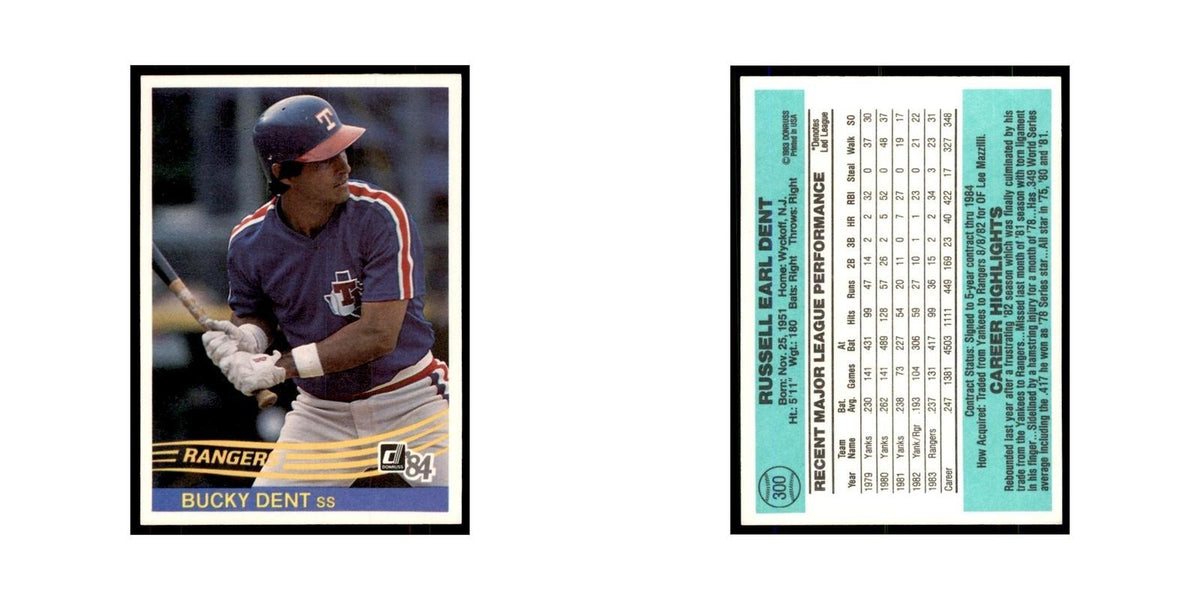 Bucky Dent 1984 Donruss #300 Texas Rangers Baseball Card NM