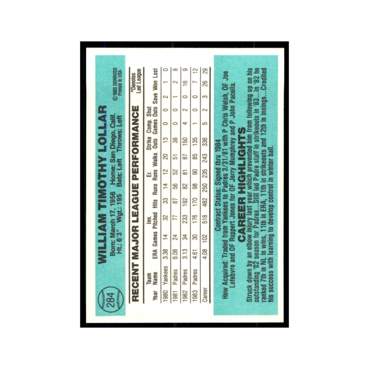 Tim Lollar 1984 Donruss #284 San Diego Padres Baseball Card NM