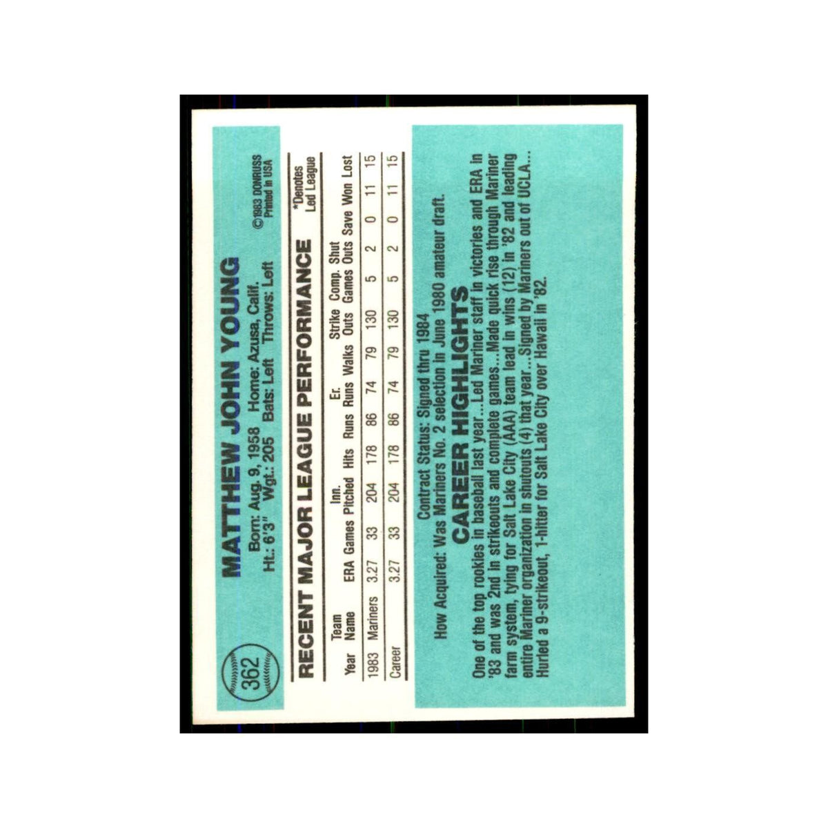 Matt Young Rookie 1984 Donruss #362 Seattle Mariners Baseball Card NM