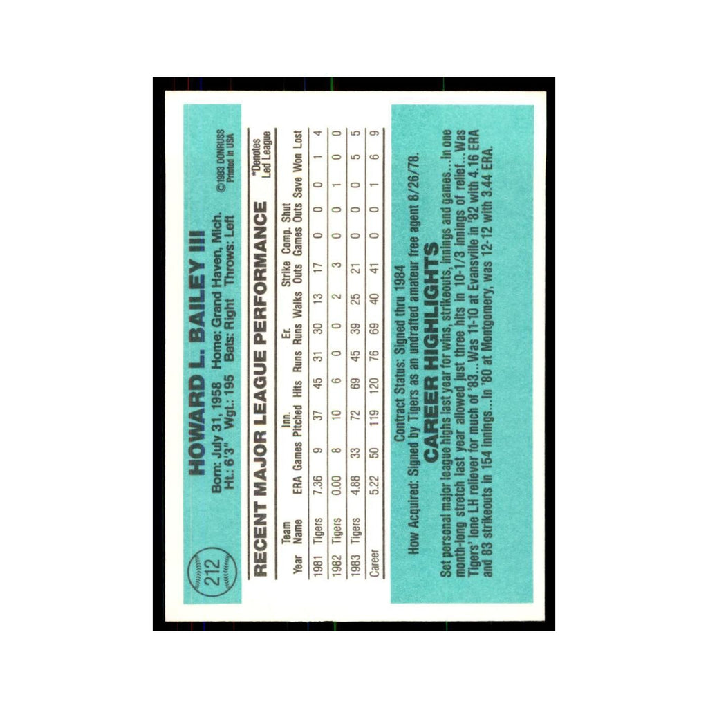 Howard Bailey 1984 Donruss #212 Detroit Tigers Baseball Card NM