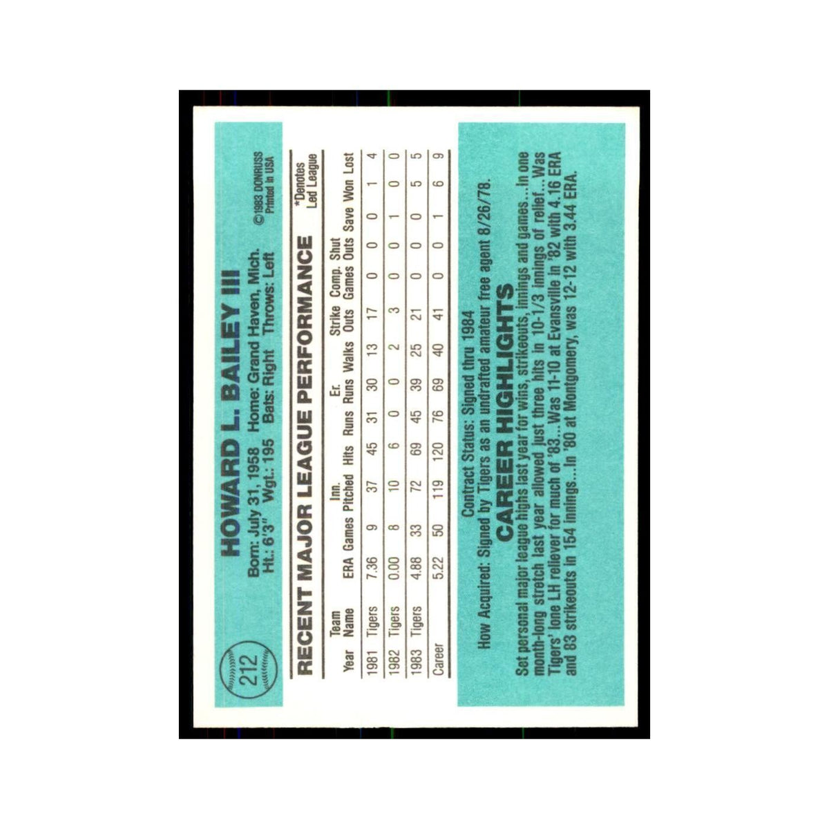 Howard Bailey 1984 Donruss #212 Detroit Tigers Baseball Card NM
