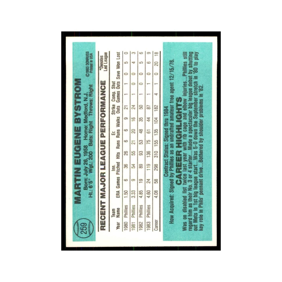 Marty Bystrom 1984 Donruss #259 Philadelphia Phillies Baseball Card NM