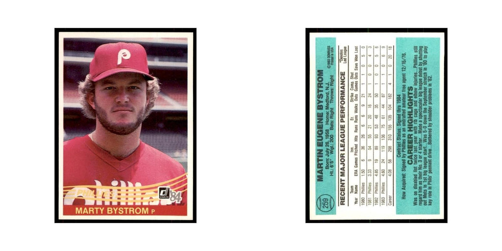 Marty Bystrom 1984 Donruss #259 Philadelphia Phillies Baseball Card NM