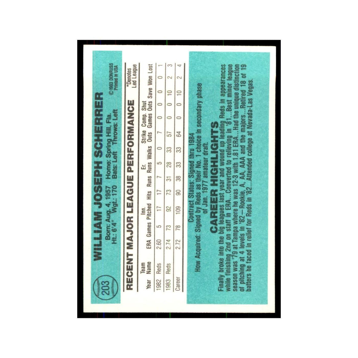 Bill Scherrer Rookie 1984 Donruss #203 Cincinnati Reds Baseball Card NM