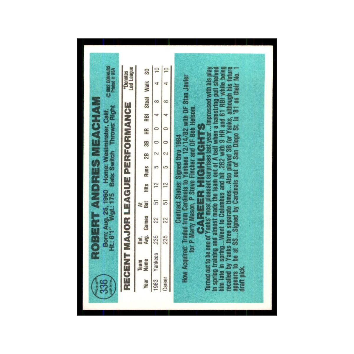 Bob Meacham Rookie 1984 Donruss #336 New York Yankees Baseball Card NM