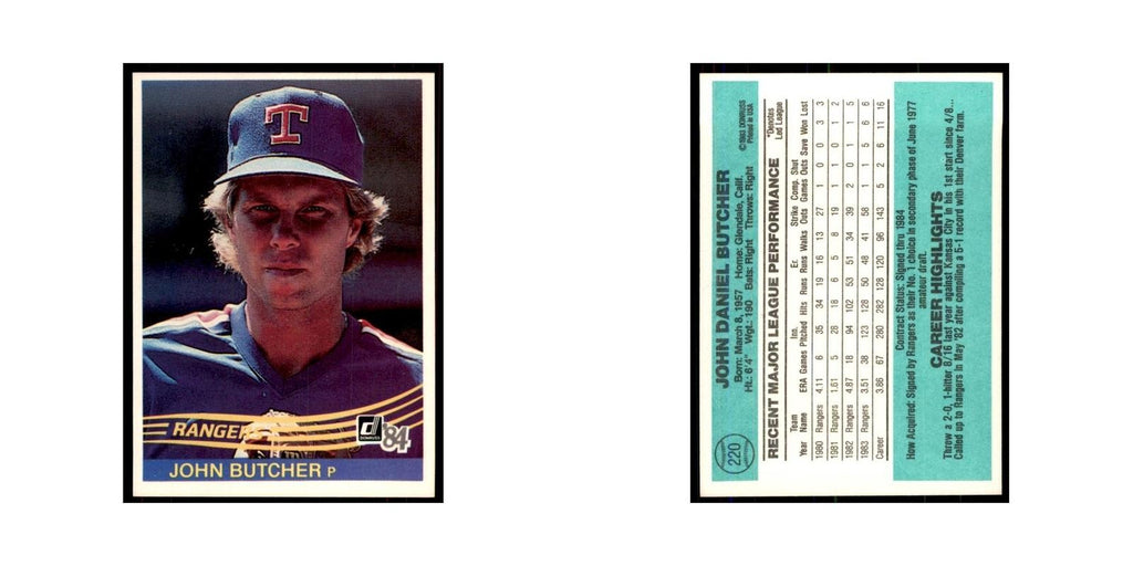 John Butcher 1984 Donruss #220 Texas Rangers Baseball Card NM