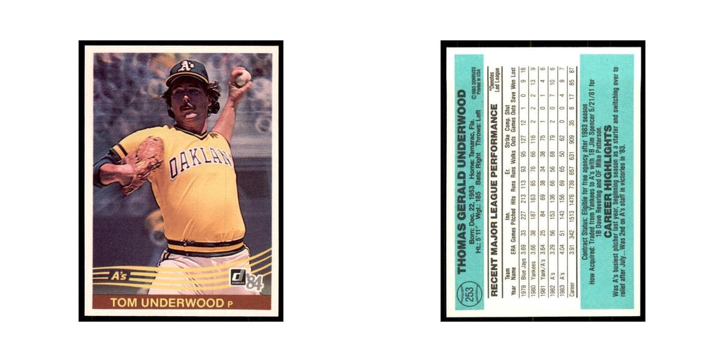 Tom Underwood 1984 Donruss #253 Oakland Athletics Baseball Card NM