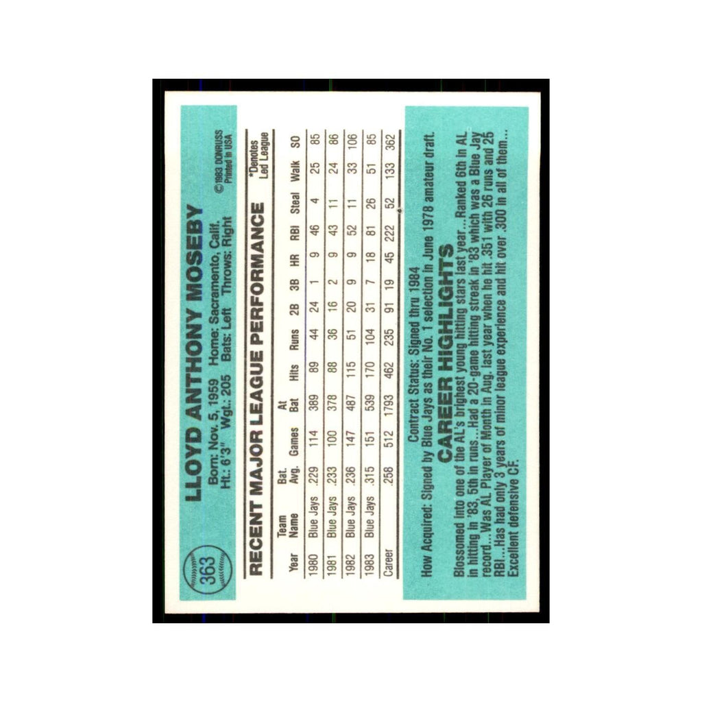 Lloyd Moseby 1984 Donruss #363 Toronto Blue Jays Baseball Card NM