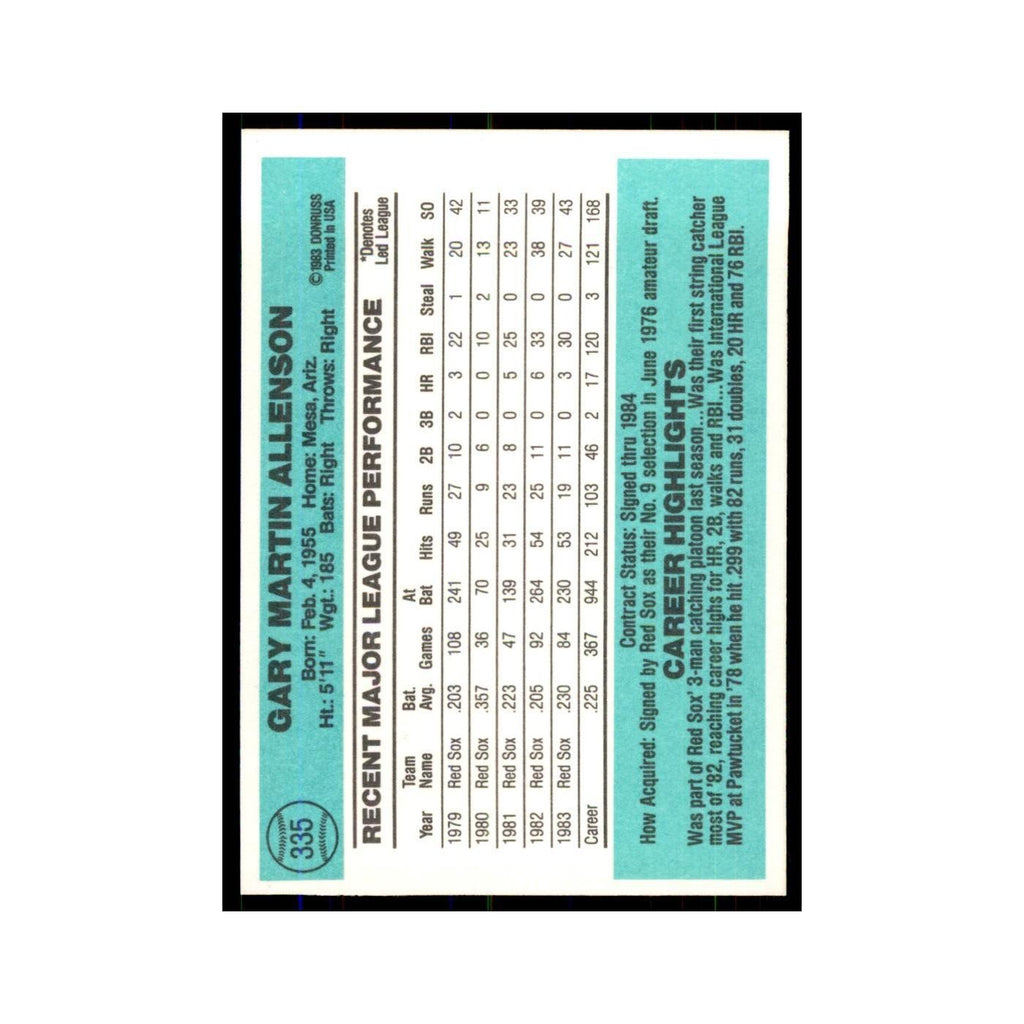 Gary Allenson 1984 Donruss #335 Boston Red Sox Baseball Card NM