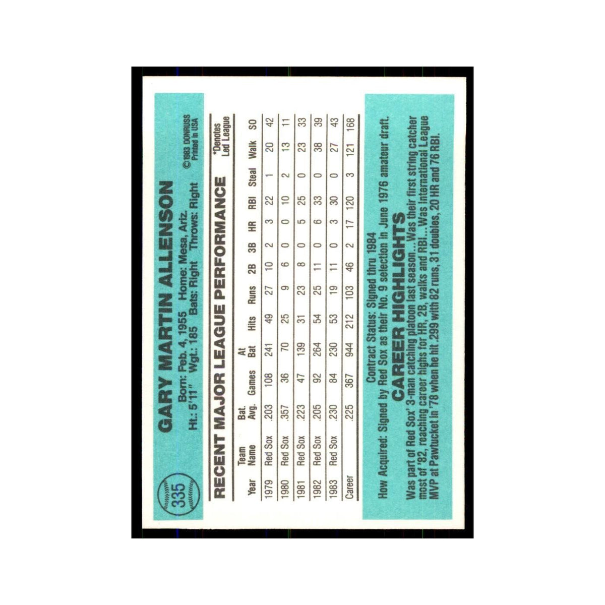Gary Allenson 1984 Donruss #335 Boston Red Sox Baseball Card NM