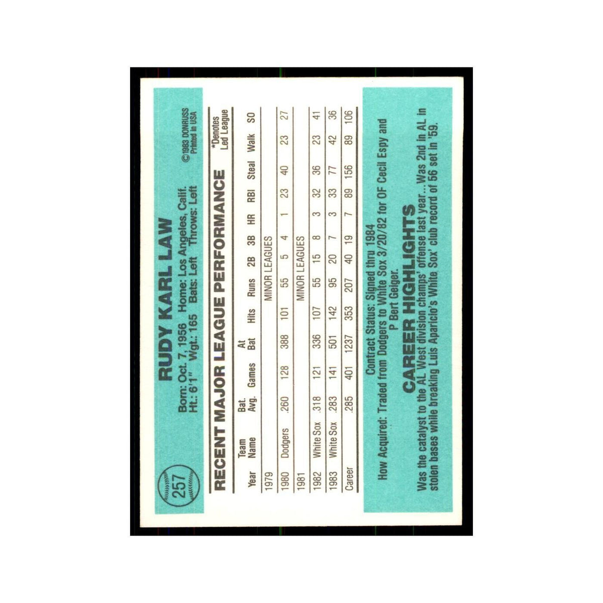 Rudy Law 1984 Donruss #257 Chicago White Sox Baseball Card NM