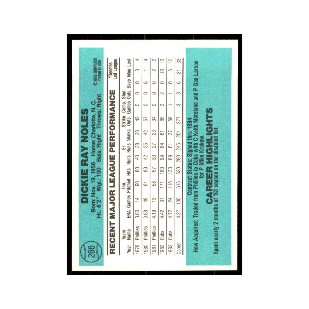 Dickie Noles 1984 Donruss #266 Chicago Cubs Baseball Card NM