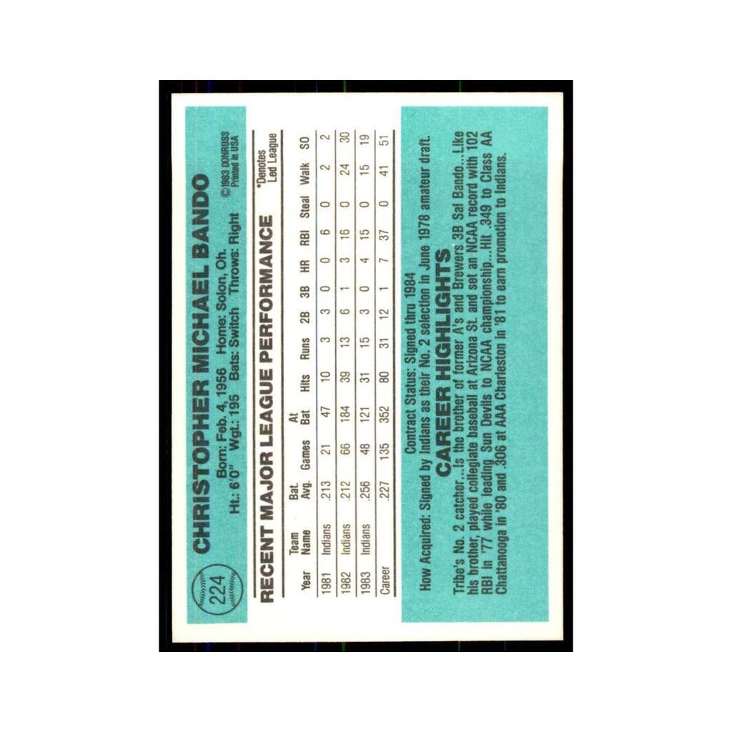 Chris Bando 1984 Donruss #224 Cleveland Indians Baseball Card NM