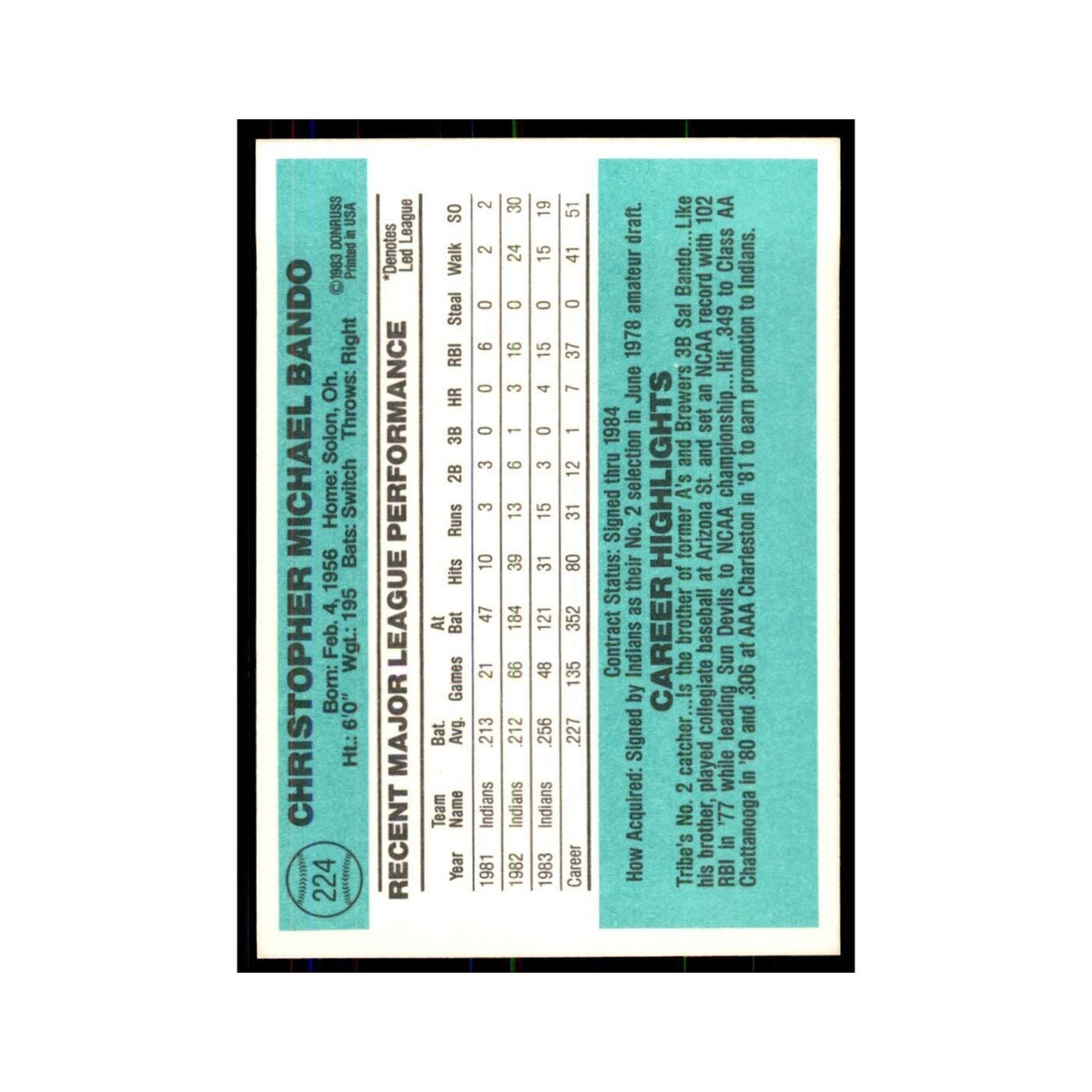 Chris Bando 1984 Donruss #224 Cleveland Indians Baseball Card NM