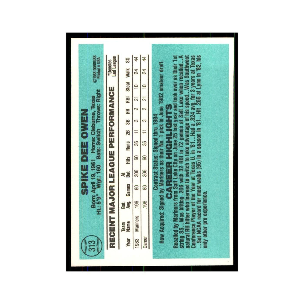 Spike Owen Rookie 1984 Donruss #313 Seattle Mariners Baseball Card NM
