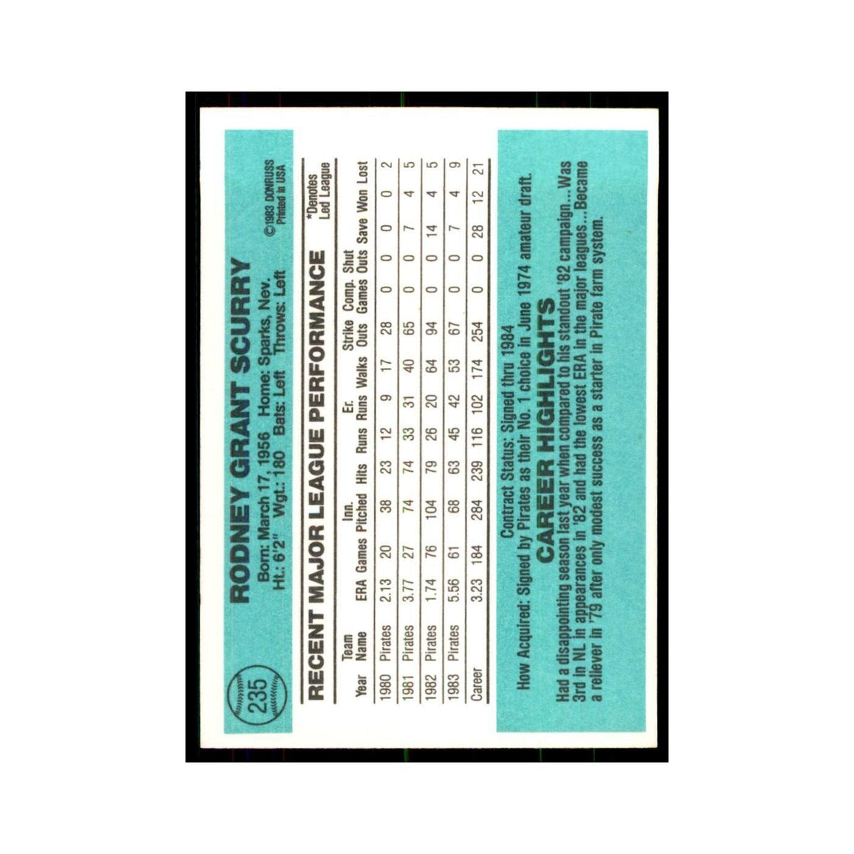 Rod Scurry 1984 Donruss #235 Pittsburgh Pirates Baseball Card NM