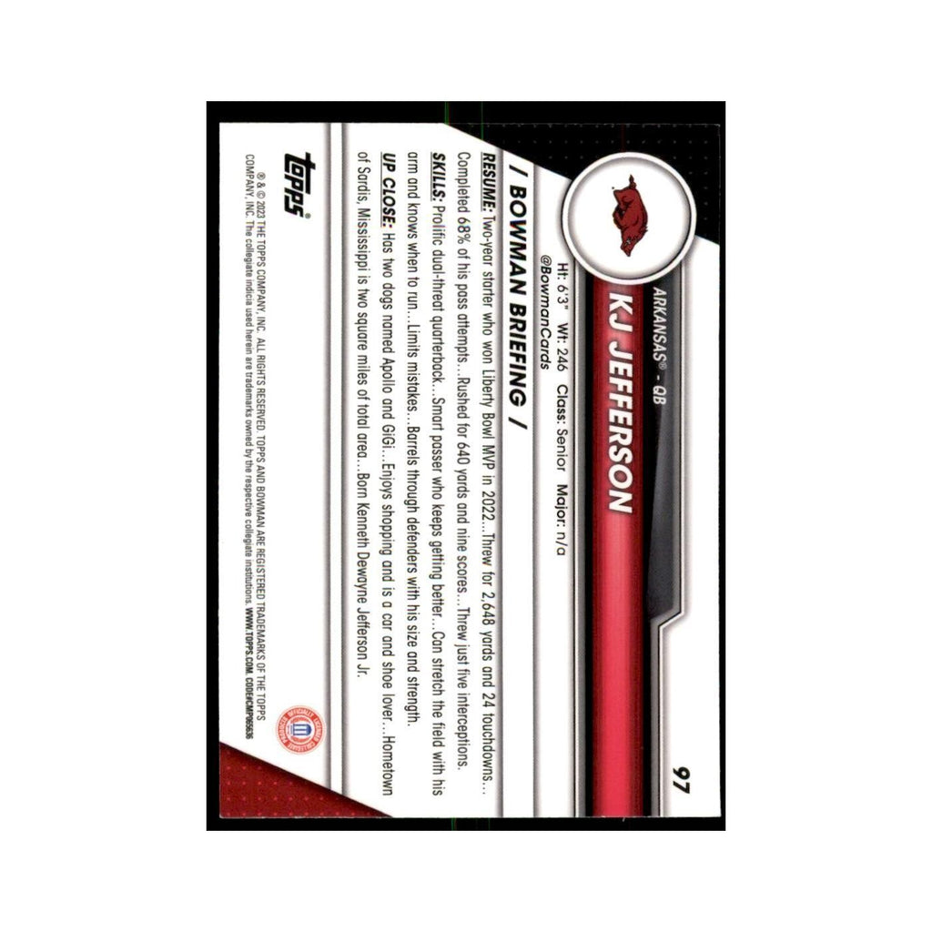 KJ Jefferson 2023 Bowman University Chrome #97 Arkansas Razorbacks NM