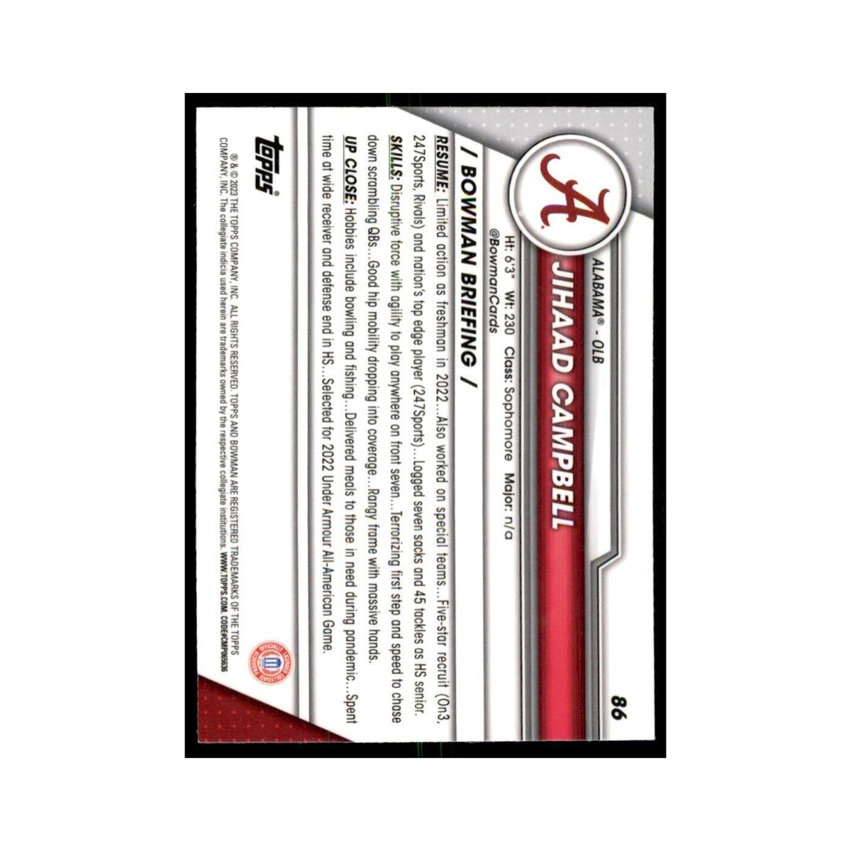 Jihaad Campbell 2023 Bowman University Chrome #86 Alabama Crimson Tide NM