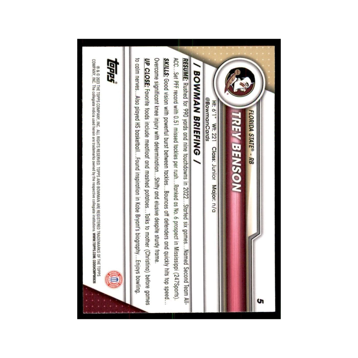 Trey Benson 2023 Bowman University Chrome #5 Florida State Seminoles NM