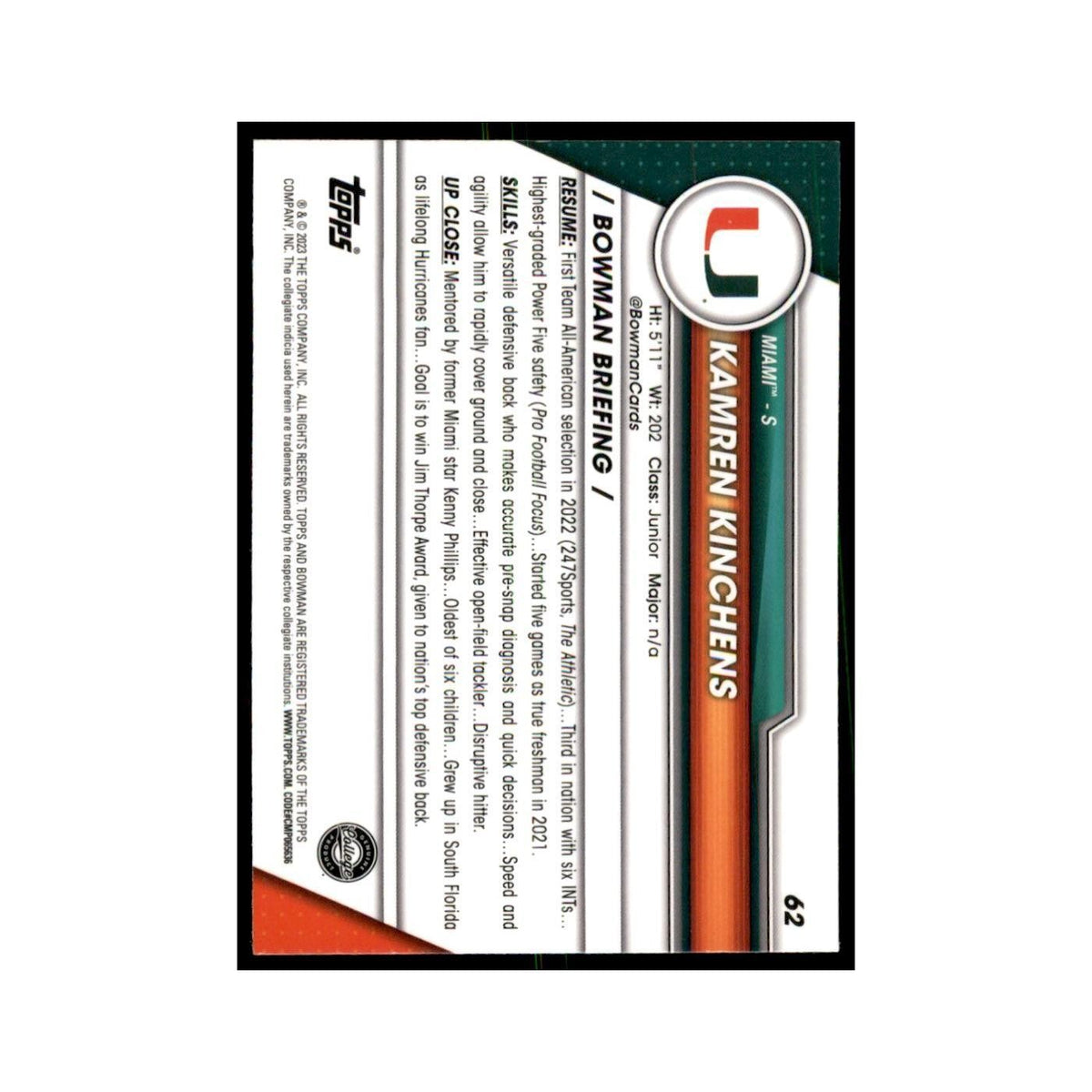 Kamren Kinchens 2023 Bowman University Chrome #62 Miami Hurricanes NM