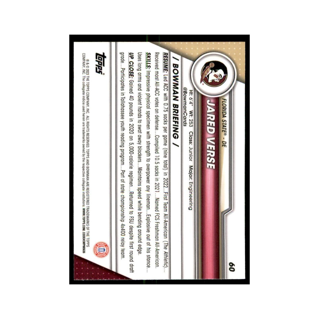 Jared Verse 2023 Bowman University Chrome #60 Florida State Seminoles NM
