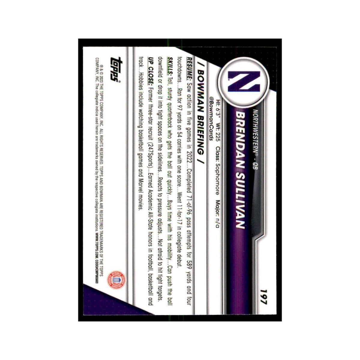 Brendan Sullivan 2023 Bowman University Chrome #197 Northwestern Wildcats NM