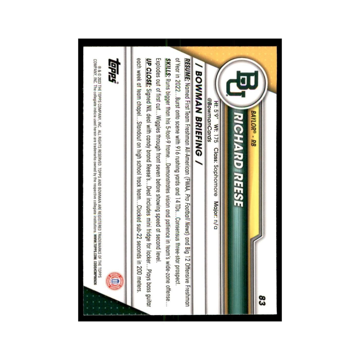 Richard Reese 2023 Bowman University Chrome #83 Baylor Bears Football Card NM
