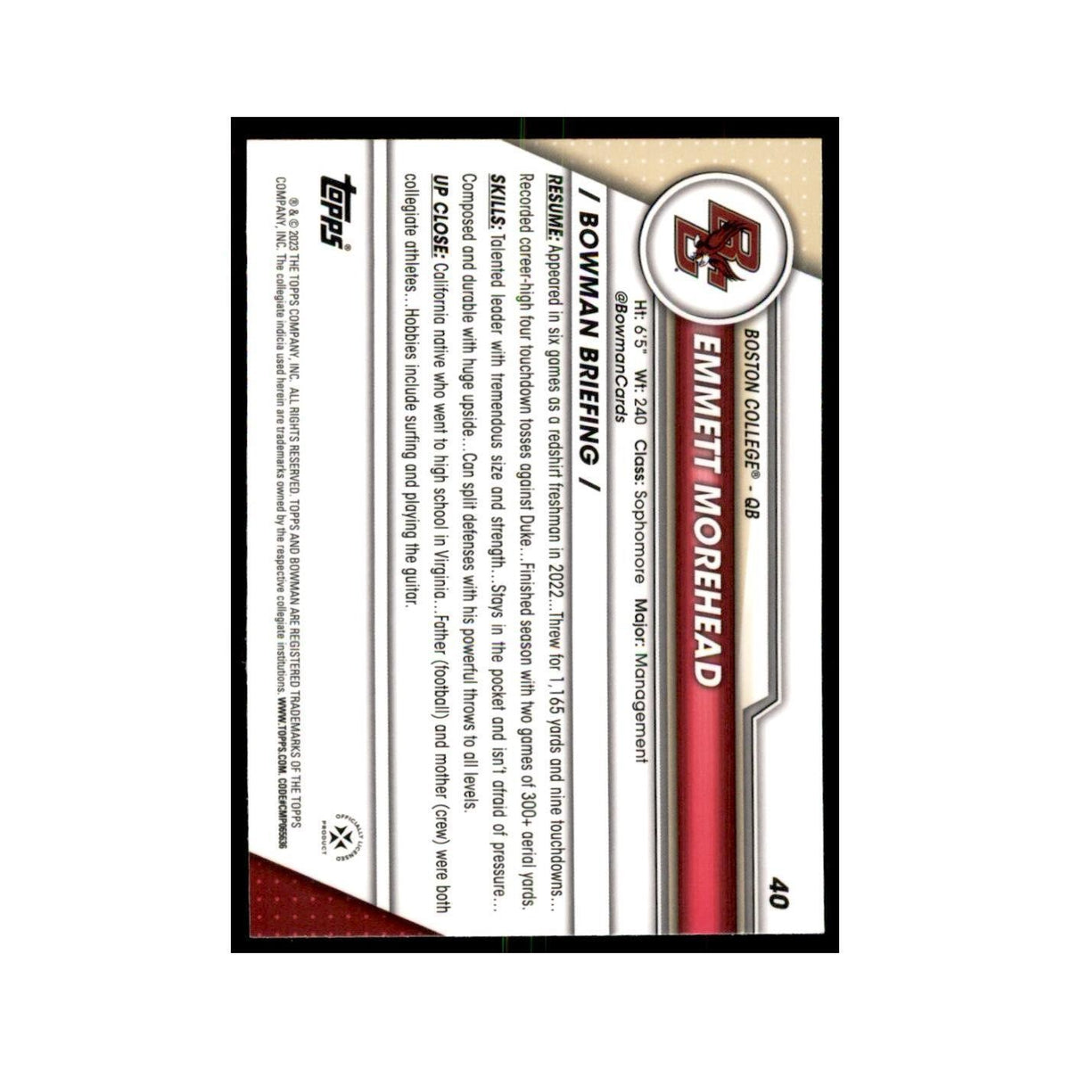 Emmett Morehead 2023 Bowman University Chrome #40 Boston College Eagles NM