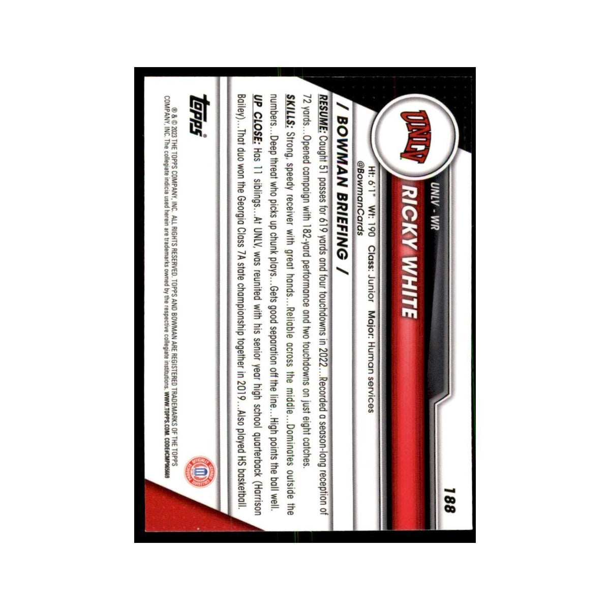 Ricky White 2023 Bowman University Chrome #188 UNLV Rebels Football Card NM