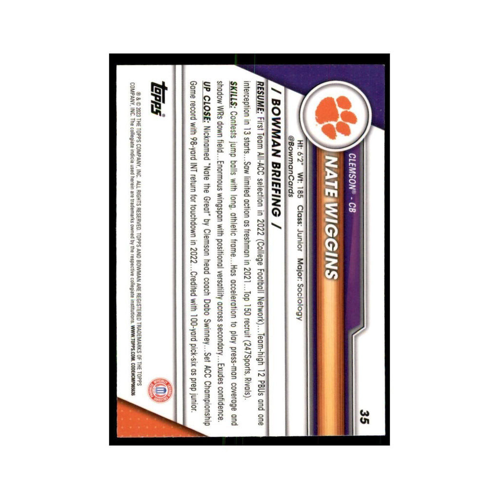 Nate Wiggins 2023 Bowman University Chrome #35 Clemson Tigers Football Card NM
