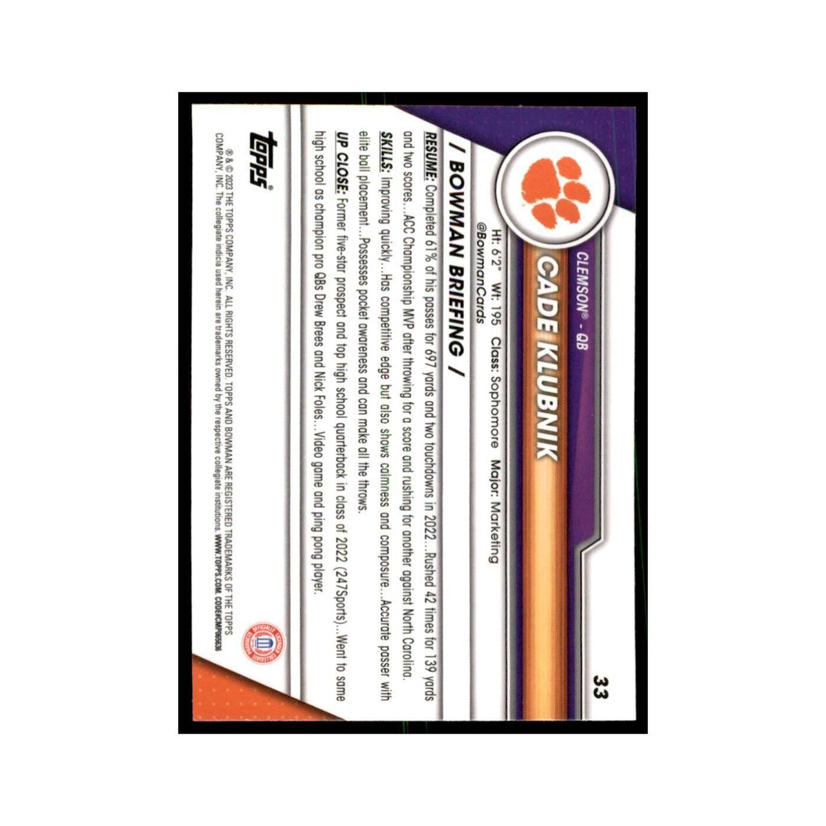 Cade Klubnik 2023 Bowman University Chrome #33 Clemson Tigers Football Card NM