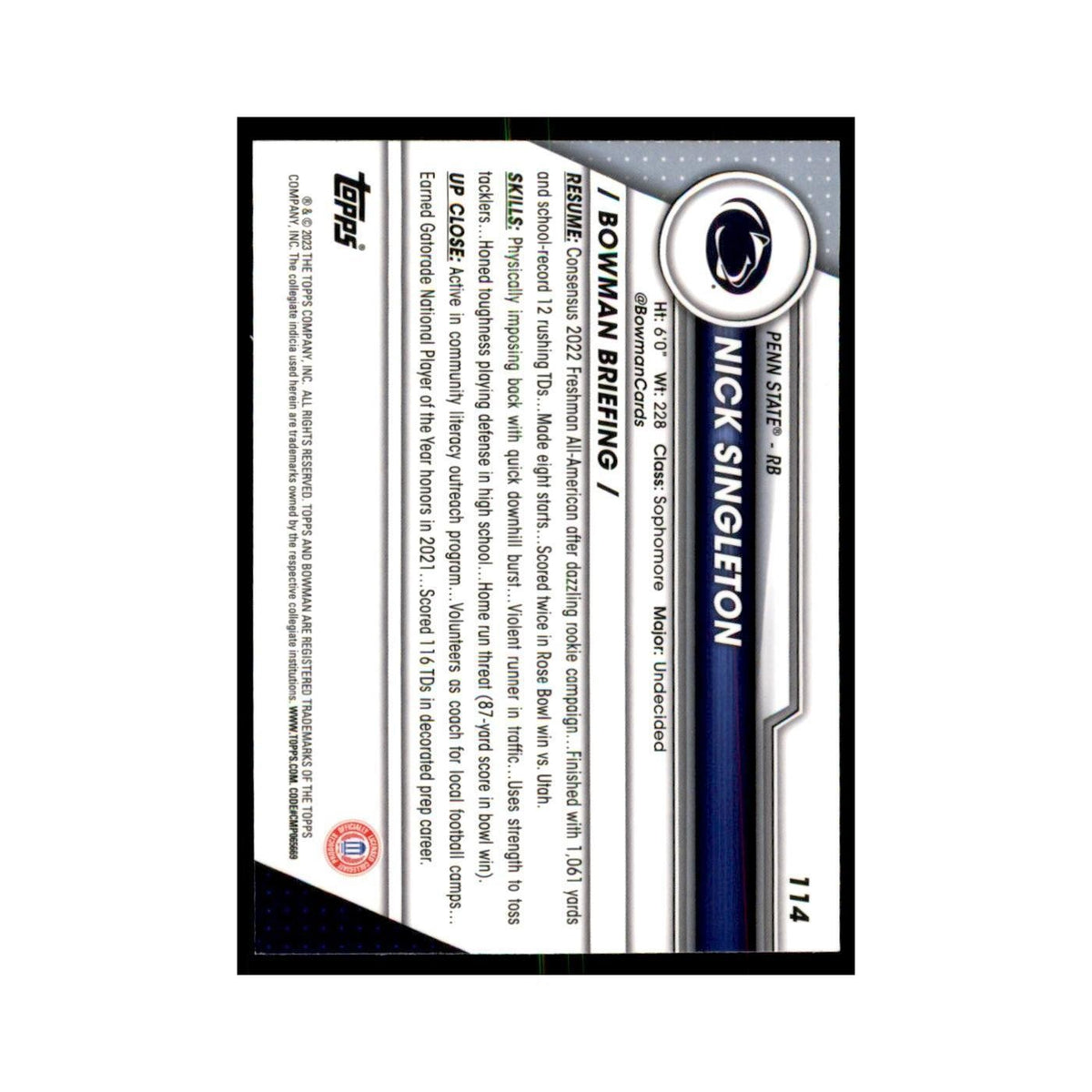 Nick Singleton 2023 Bowman University Chrome #114 Penn State Nittany Lions NM