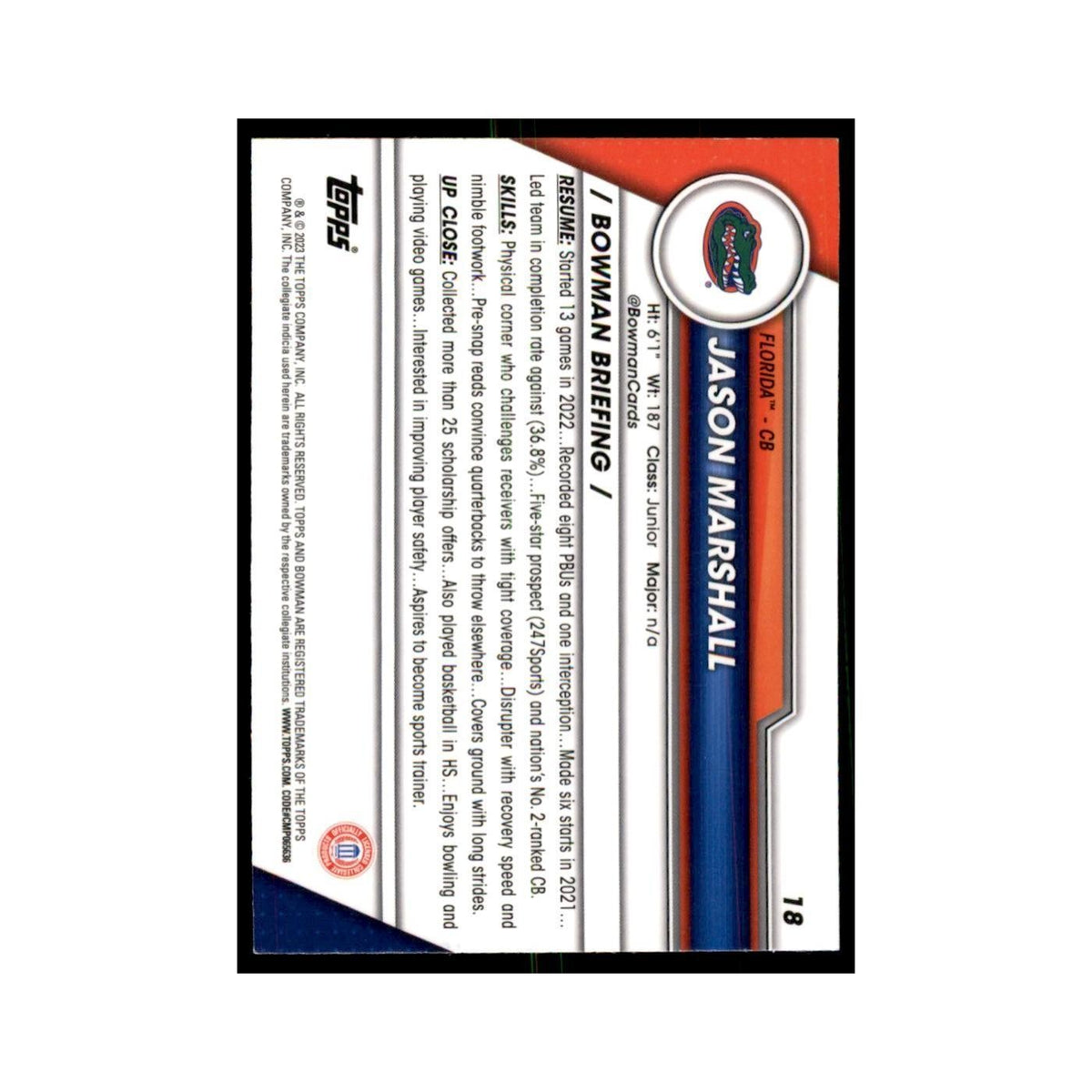Jason Marshall 2023 Bowman University Chrome #18 Florida Gators Football Card NM