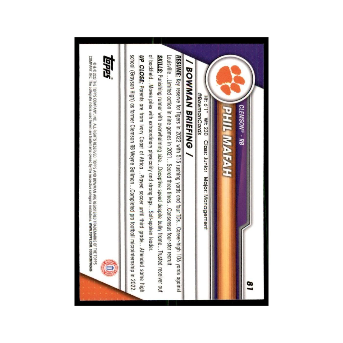Phil Mafah 2023 Bowman University Chrome #81 Clemson Tigers Football Card NM