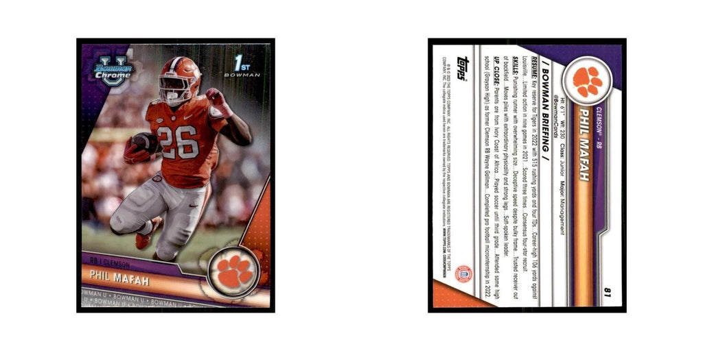 Phil Mafah 2023 Bowman University Chrome #81 Clemson Tigers Football Card NM