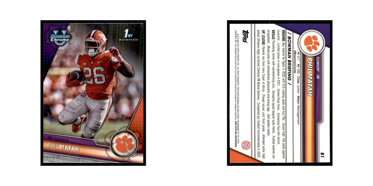 Phil Mafah 2023 Bowman University Chrome #81 Clemson Tigers Football Card NM