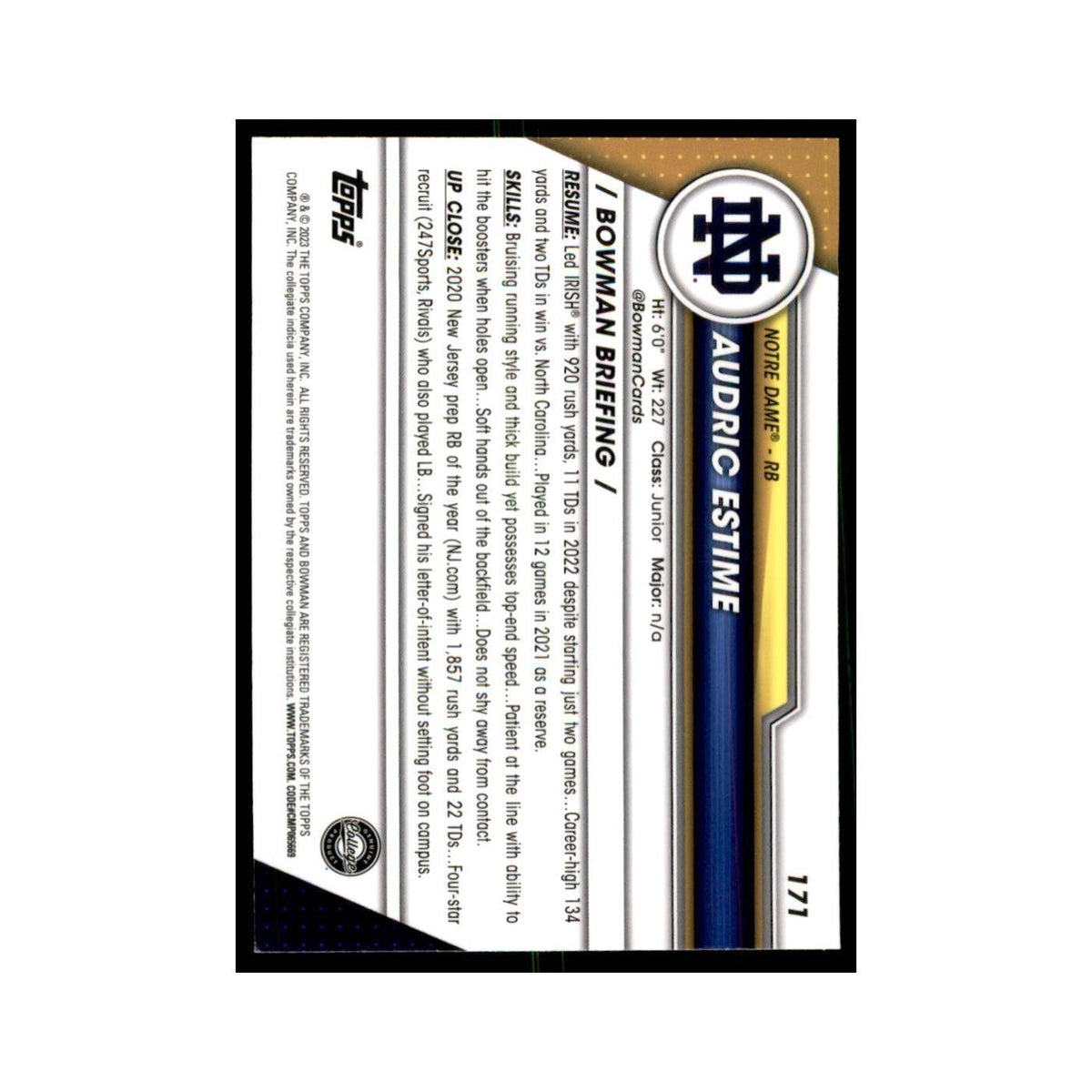 Audric Estime 2023 Bowman University Chrome #171 Notre Dame Fighting Irish NM