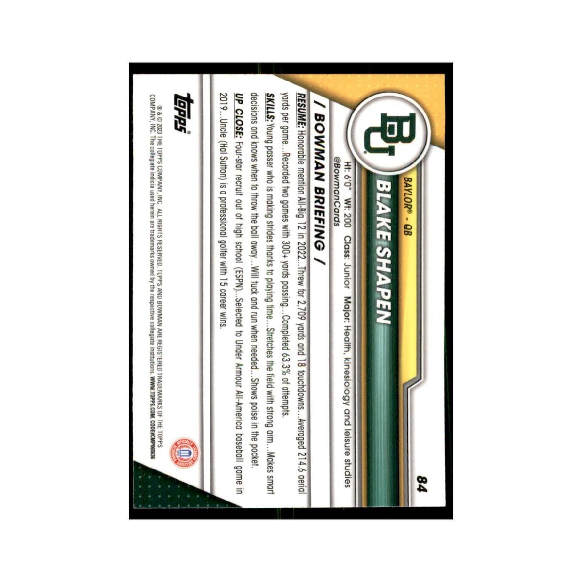 Blake Shapen 2023 Bowman University Chrome #84 Baylor Bears Football Card NM