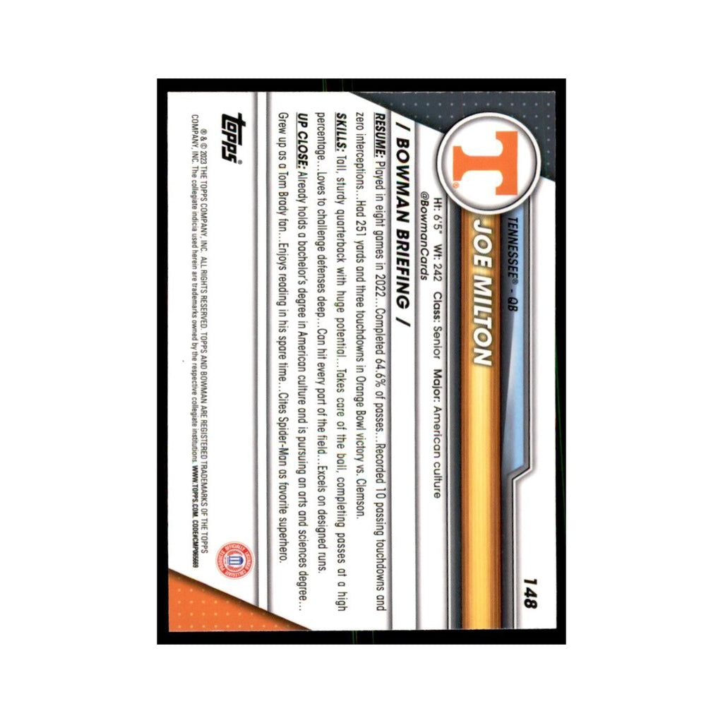 Joe Milton 2023 Bowman University Chrome #148 Tennessee Volunteers NM