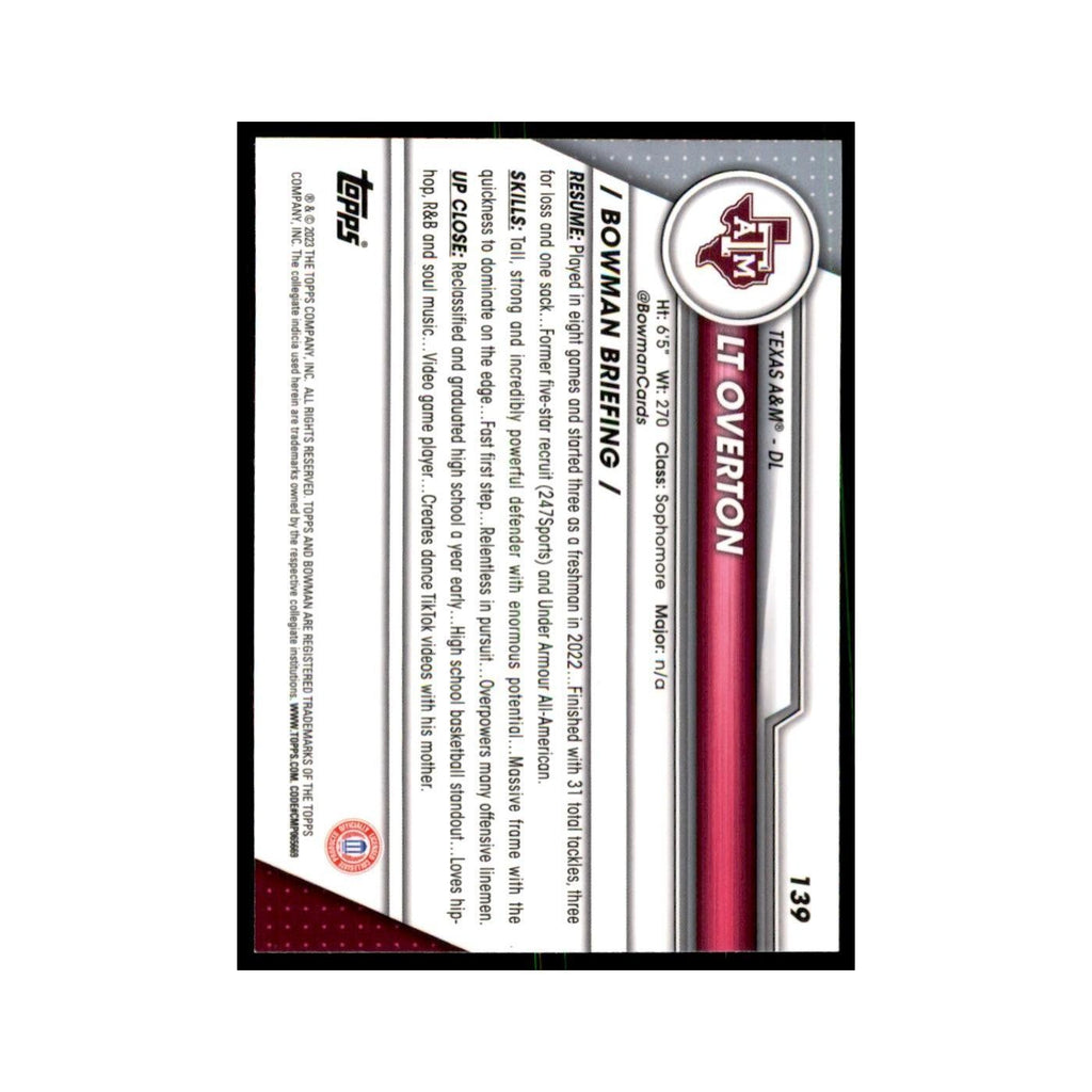 LT Overton 2023 Bowman University Chrome #139 Texas A&M Aggies Football Card NM