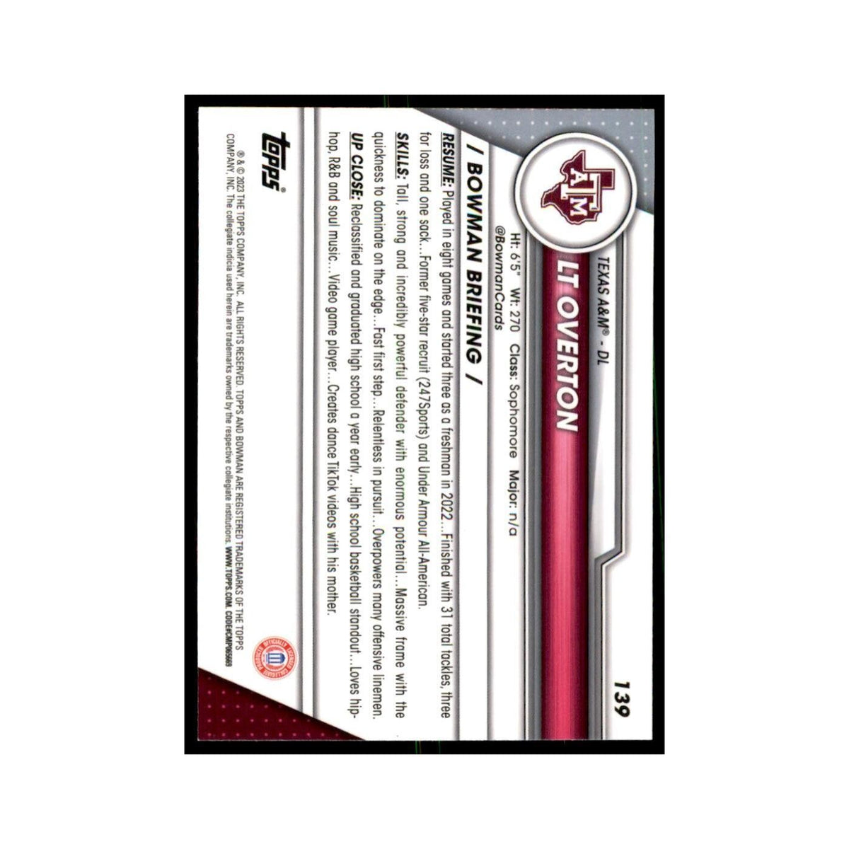 LT Overton 2023 Bowman University Chrome #139 Texas A&M Aggies Football Card NM