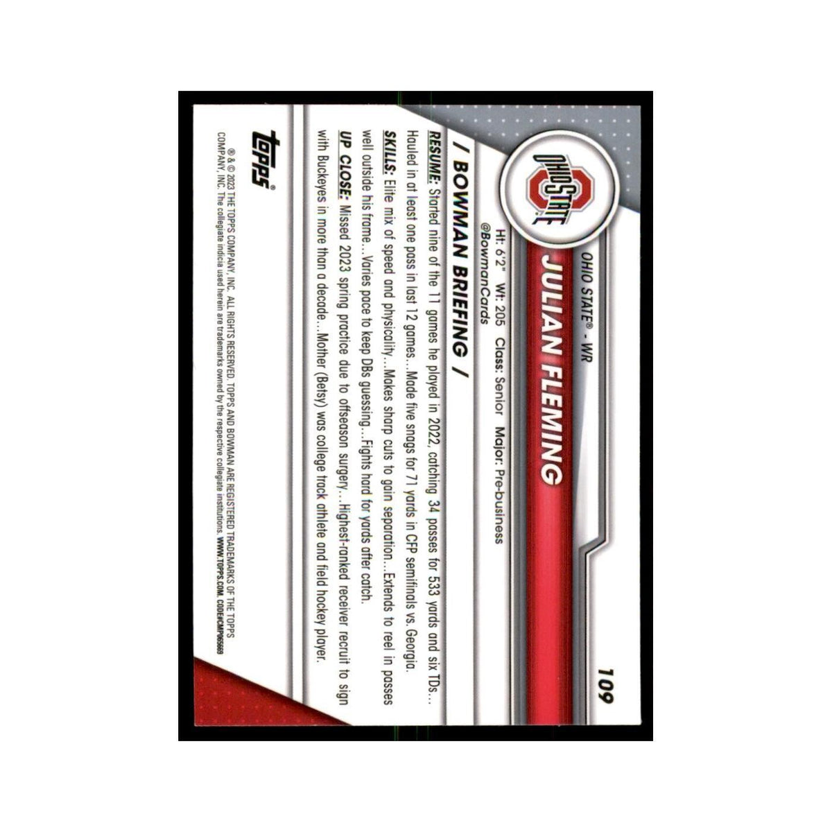 Julian Fleming 2023 Bowman University Chrome #109 Ohio State Buckeyes NM