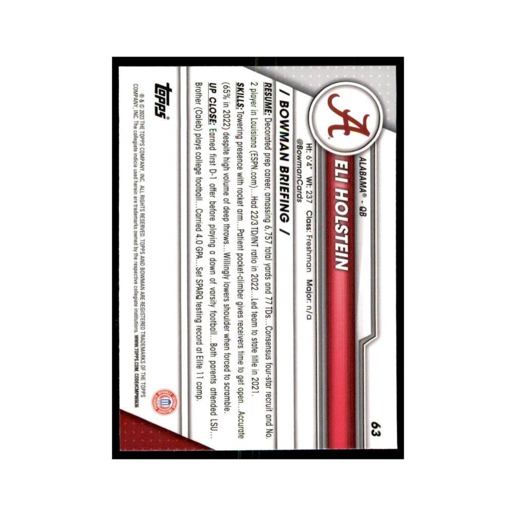Eli Holstein 2023 Bowman University Chrome #63 Alabama Crimson Tide NM