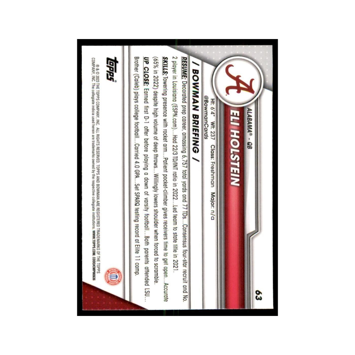 Eli Holstein 2023 Bowman University Chrome #63 Alabama Crimson Tide NM