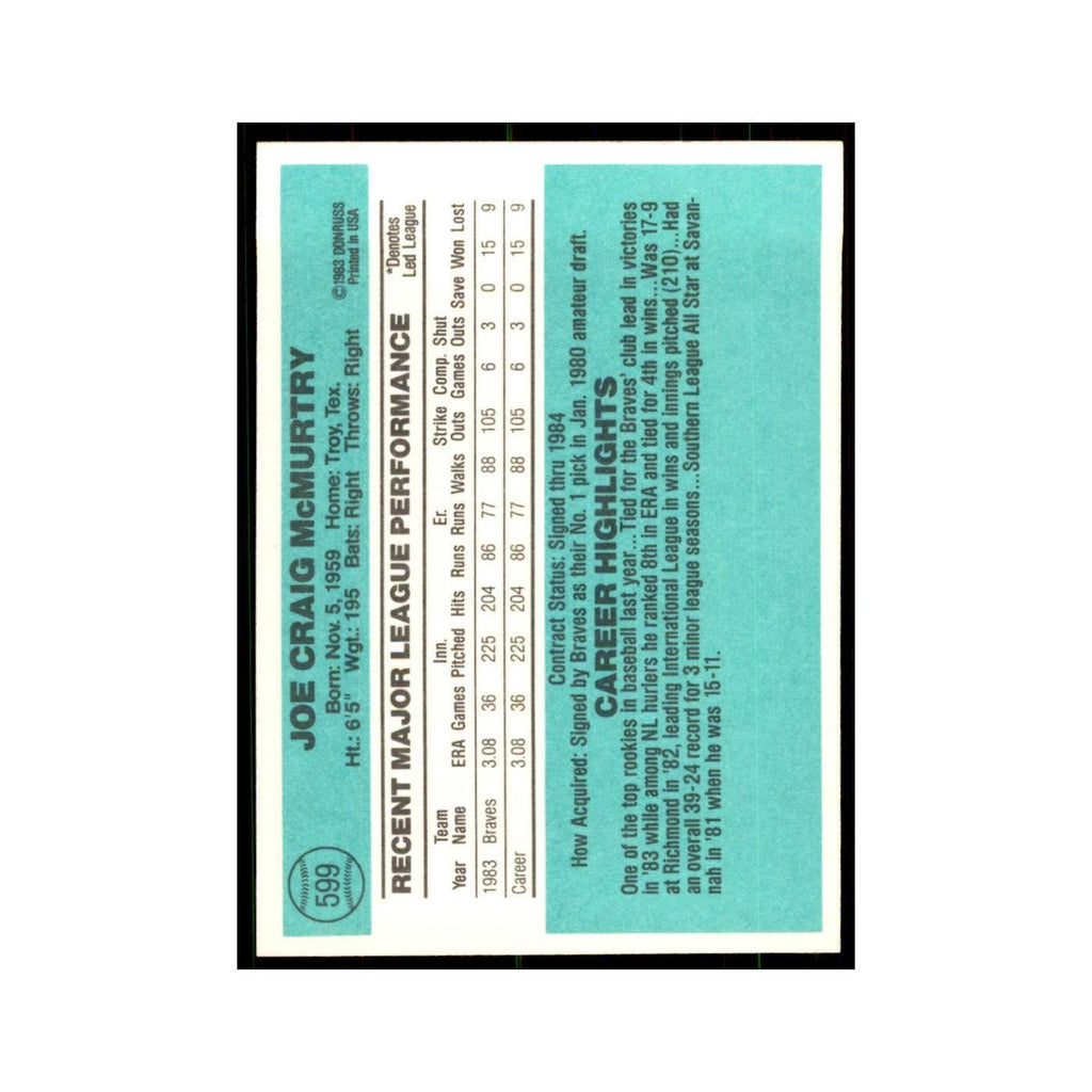 Craig McMurtry Rookie 1984 Donruss #599 Atlanta Braves Baseball Card NM
