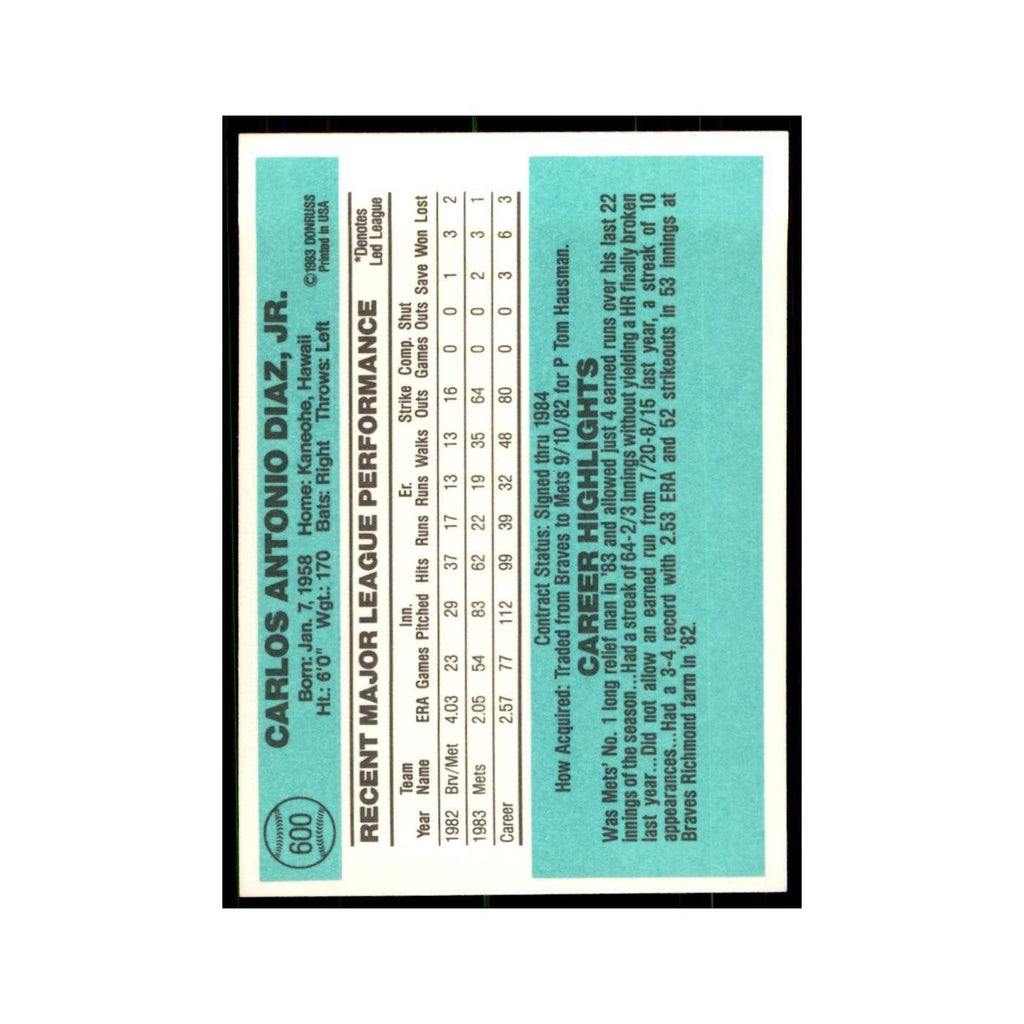 Carlos Diaz 1984 Donruss #600 New York Mets Baseball Card NM